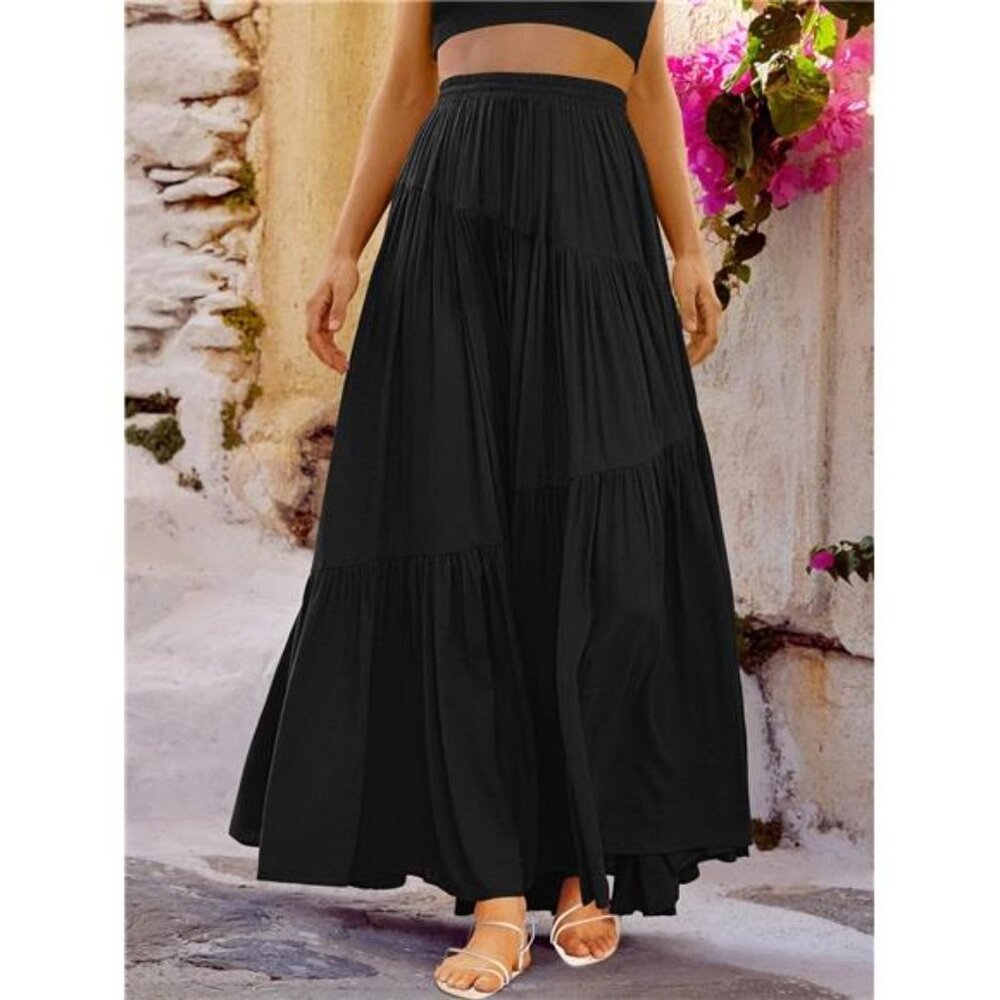 Women’s Boho Elastic High Waist Pleated A-Line Flowy Swing Asymmetric - Picture 2 of 5